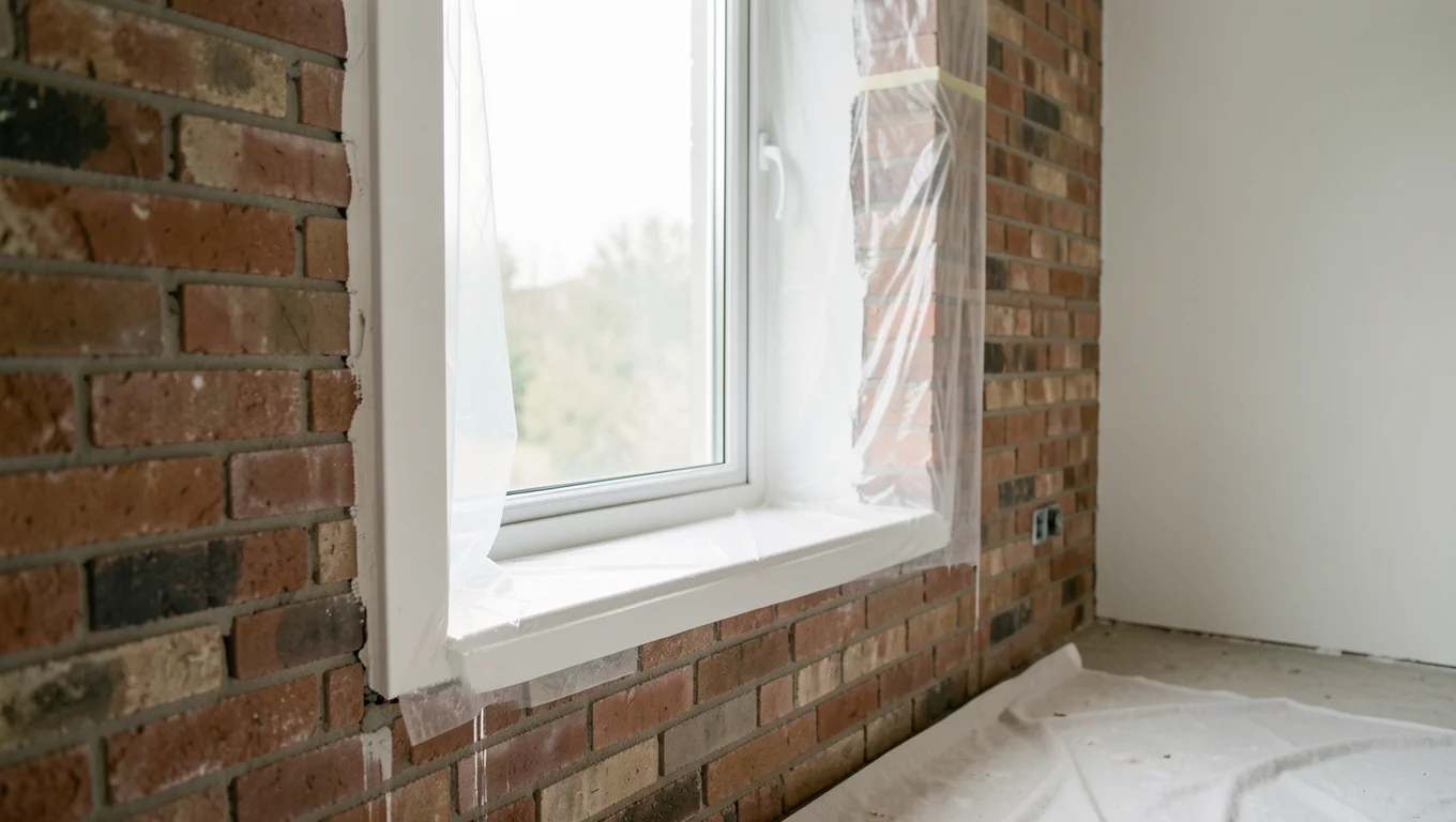 Nieuw wit raam in een bakstenen rijwoning, kort na de plaatsing