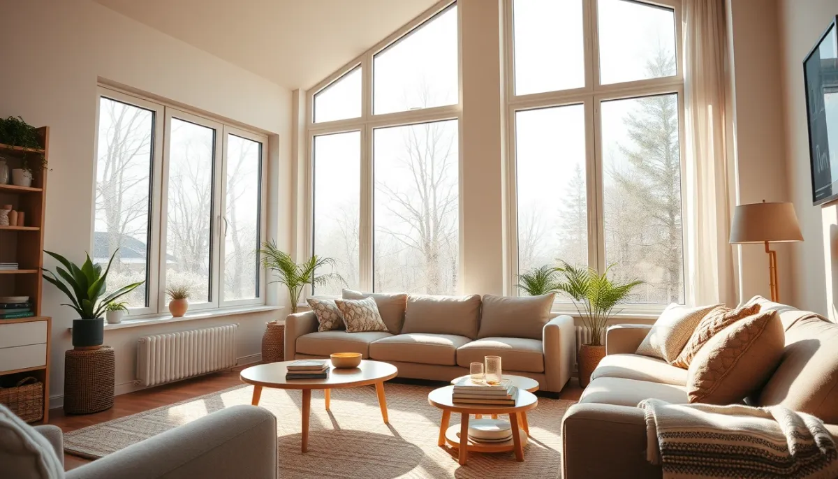 Intérieur confortable avec grandes fenêtres laissant entrer la lumière naturelle, sans condensation