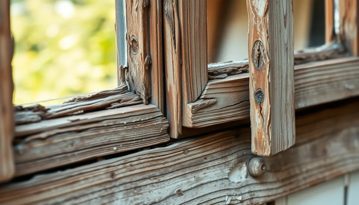 Vieux châssis de fenêtre en bois usé avec des signes de pourriture