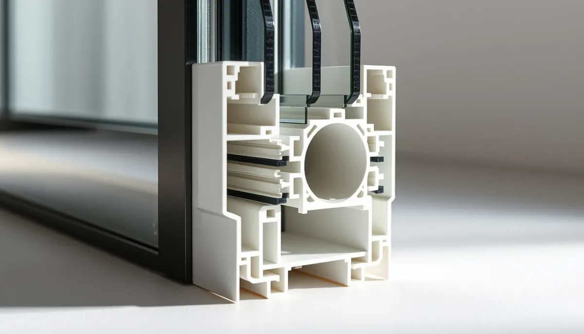 Coupe transversale d'un profilé de fenêtre en PVC montrant les chambres multiples et le double vitrage
