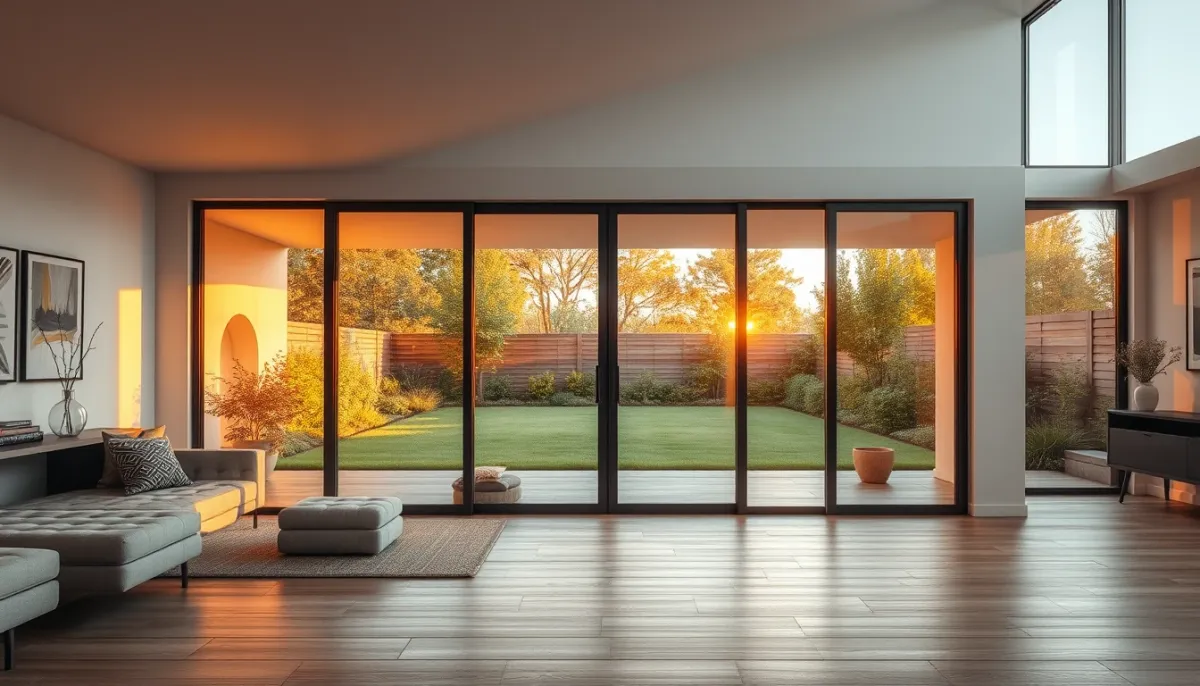 Grande porte coulissante en PVC dans un salon moderne avec vue sur le jardin