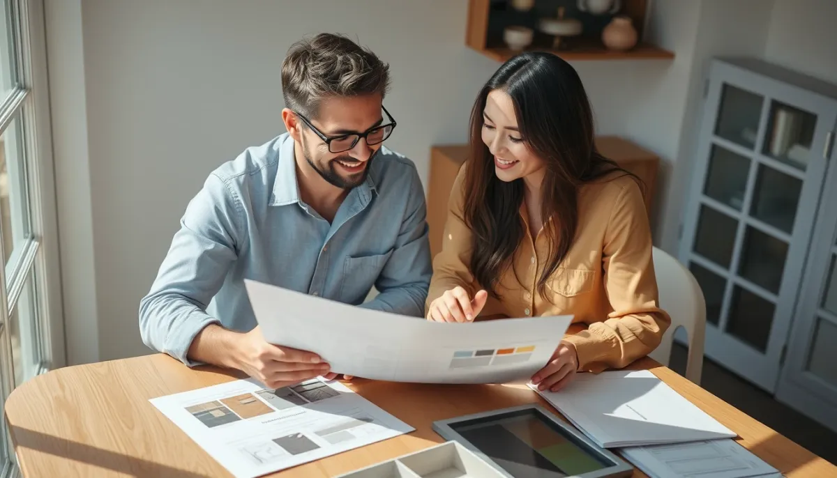 Couple examinant des échantillons de fenêtres et des plans de rénovation