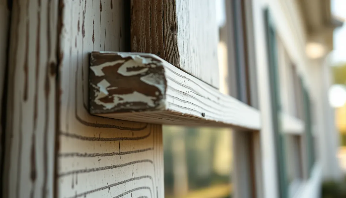 Gros plan sur un châssis en bois avec des fissures et écailles de peinture, montrant les signes de vieillissement nécessitant une nouvelle peinture