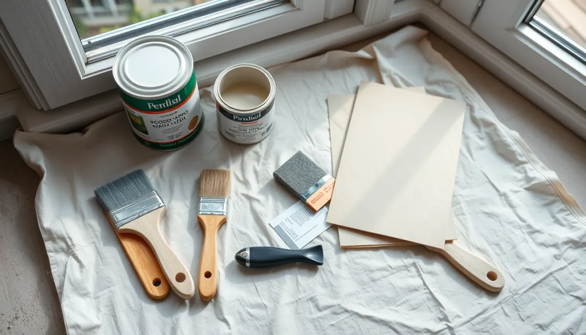 Outils et matériaux de peinture pour châssis en bois, notamment pinceaux, pots de peinture, papier de verre et grattoir, disposés sur une bâche