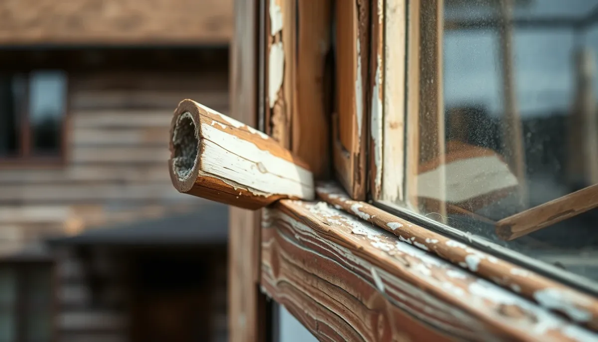 Châssis en bois avec pourriture visible et peinture écaillée, illustrant les cas où la peinture n'est plus la solution et où le remplacement est préférable