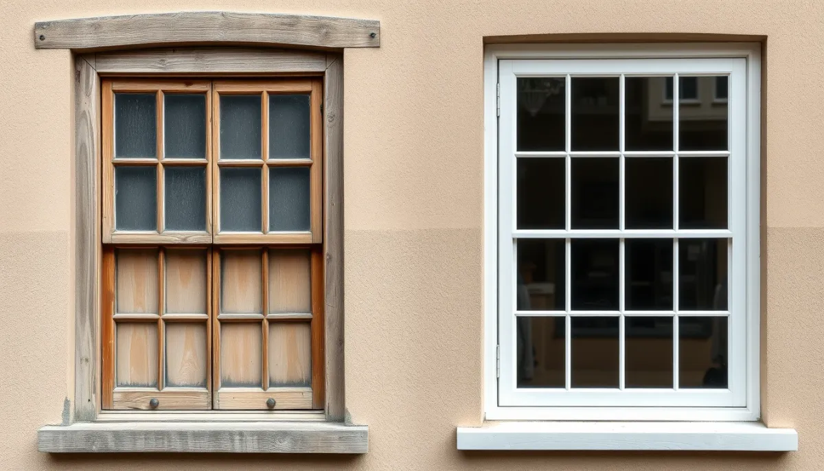 Comparaison côte à côte entre un ancien châssis en bois et une nouvelle fenêtre avec double vitrage, pour illustrer le choix entre peindre et remplacer