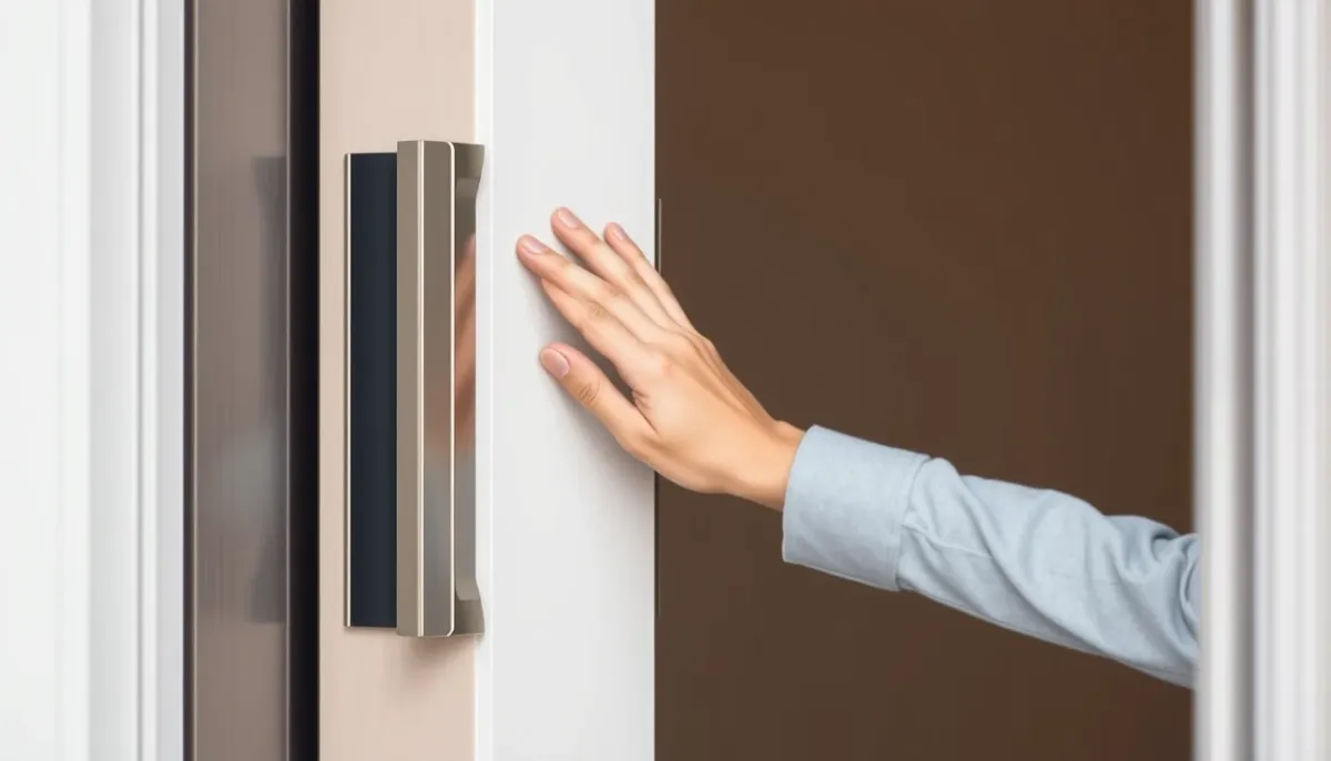 Main d'une personne ouvrant une porte d'entrée moderne, illustrant l'usage quotidien