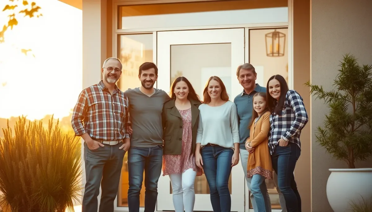 Famille devant une porte d'entrée en aluminium moderne, illustrant les clients satisfaits