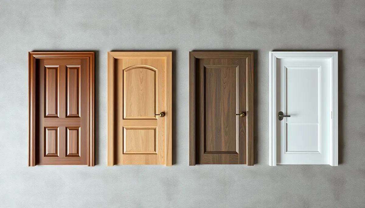 Échantillons de quatre matériaux de porte : PVC, aluminium, bois et acier, pour comparaison