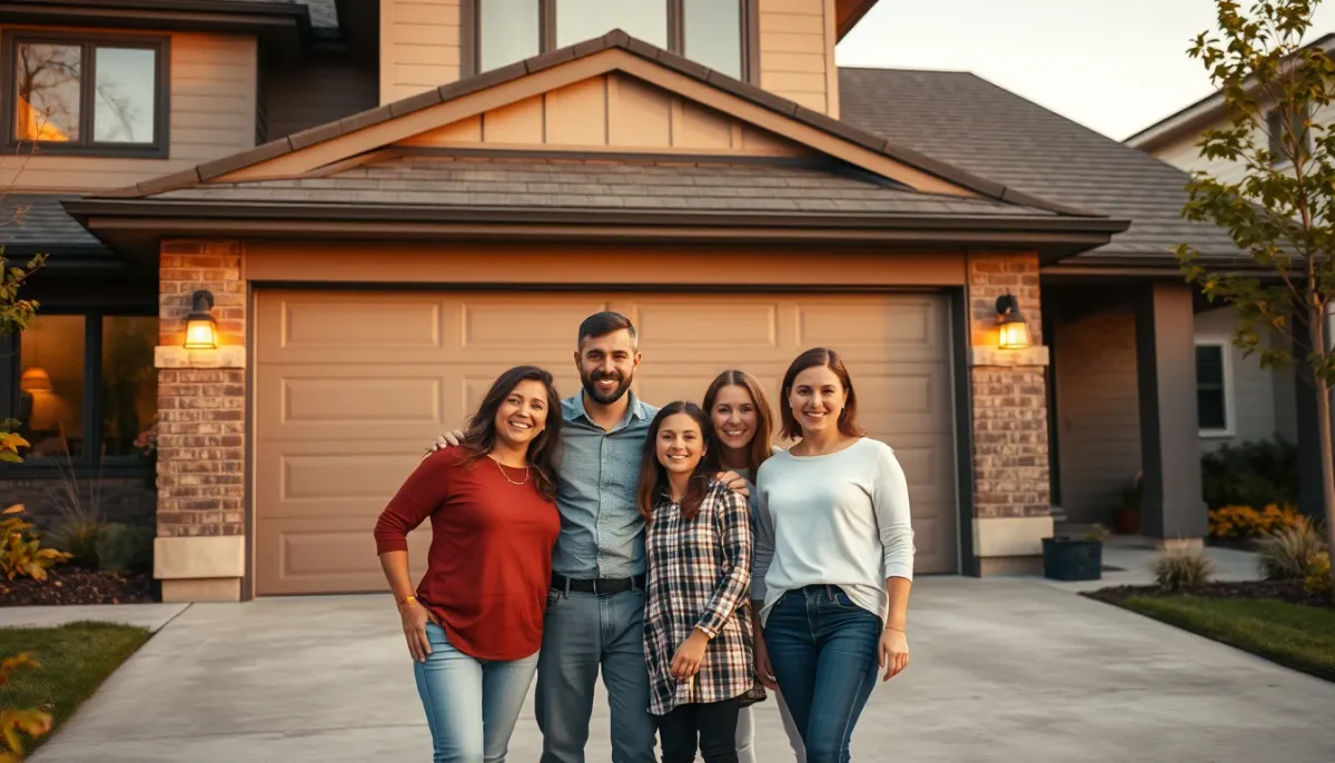 Famille devant une maison avec porte de garage sectionnelle motorisée