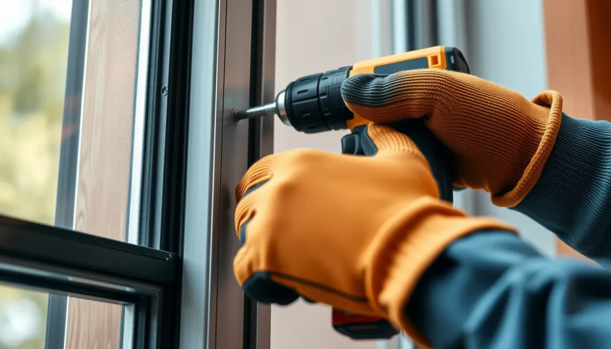Pose de nouvelles fenêtres par un professionnel : fixation du châssis avec une perceuse