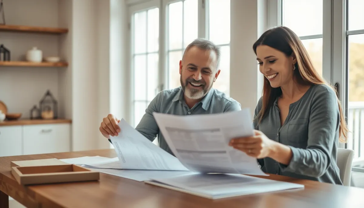 Propriétaires examinant des documents de rénovation près d'une fenêtre, planifiant l'installation