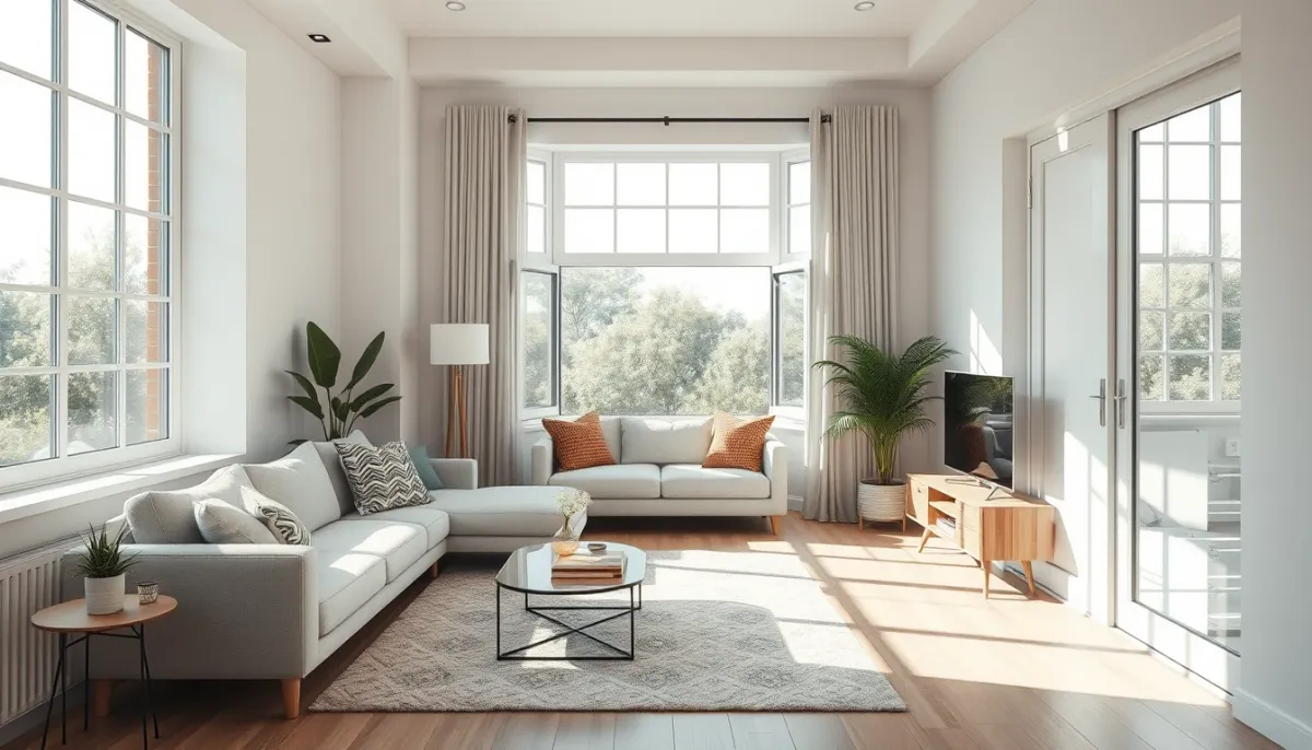 Salon moderne bien ventilé avec fenêtres ouvertes