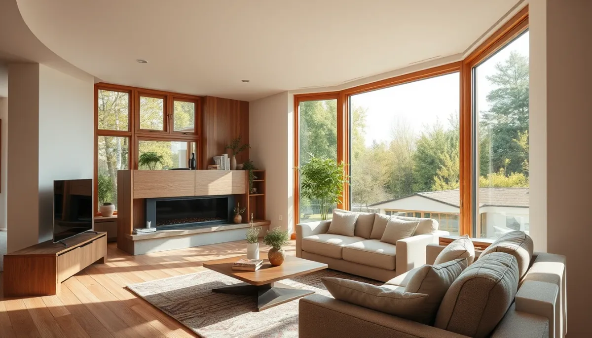 Salon moderne avec de grandes fenêtres en PVC imitation bois laissant entrer la lumière naturelle
