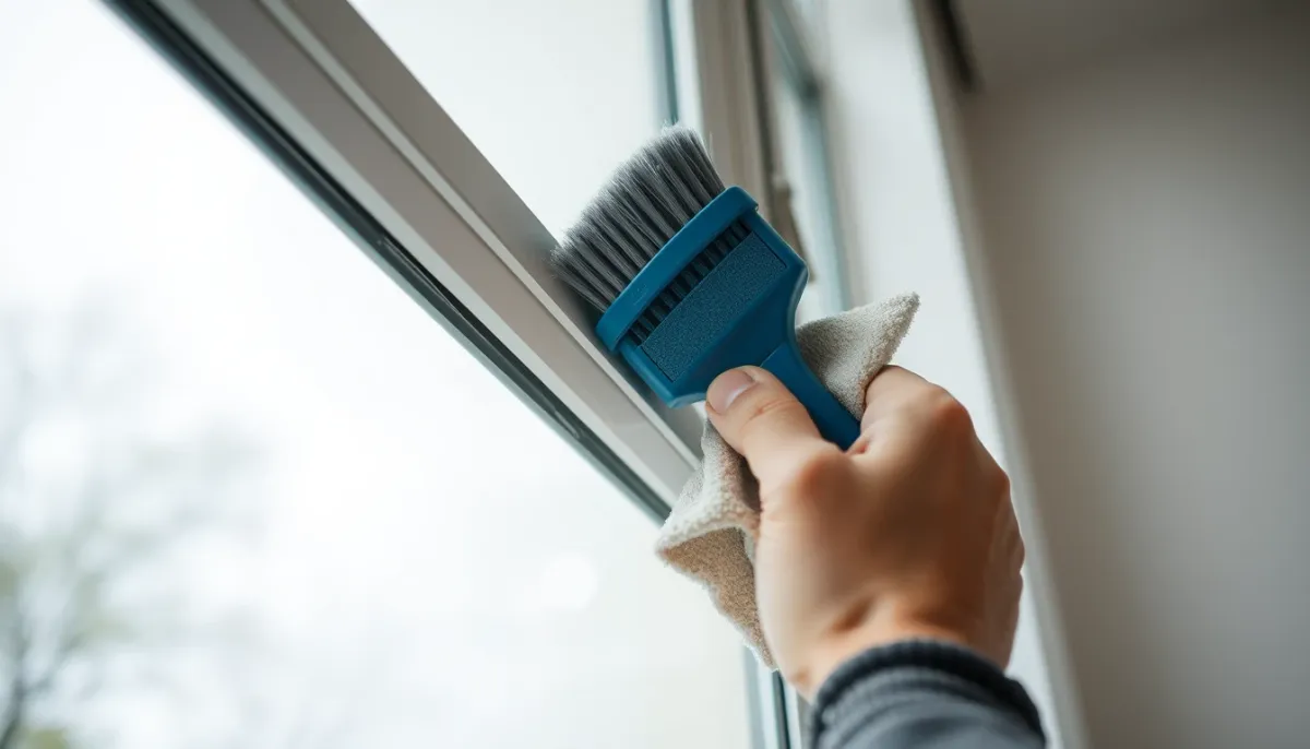 Personne nettoyant le joint d'une fenêtre avec une brosse douce